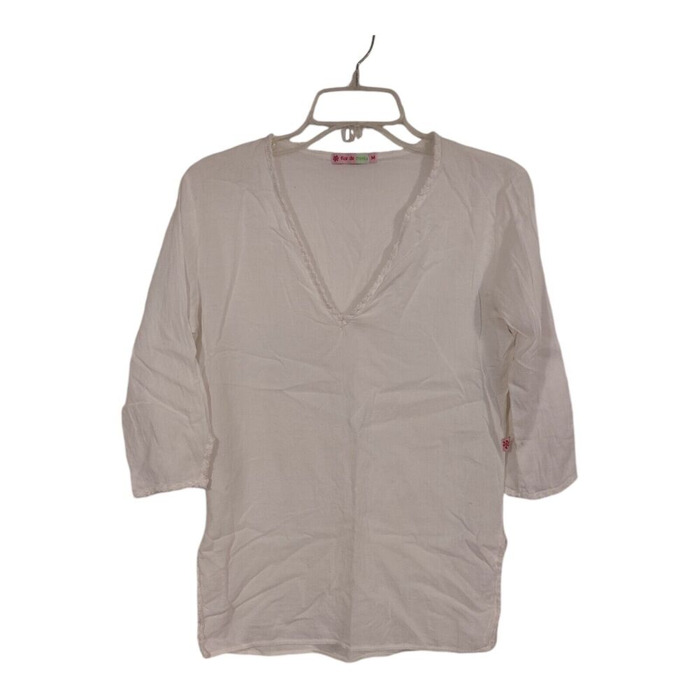 White Cotton Sheer Casual Beach Top 3/4 sleeve summer blouse V neck Size XS